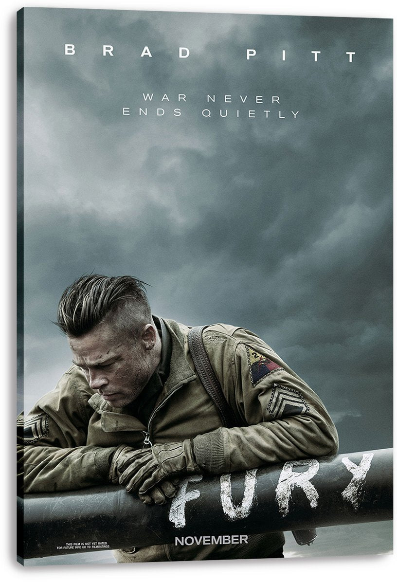 Fury movie poster canvas print features Brad Pitt in an olive military jacket resting on a tank barrel under a brooding sky.