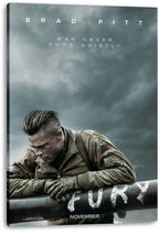 Fury movie poster canvas print features Brad Pitt in an olive military jacket resting on a tank barrel under a brooding sky.