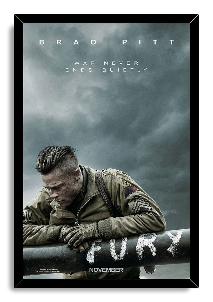 Fury movie poster framed wall art print shows Brad Pitt as a soldier leaning over a tank barrel, enclosed in a black frame.