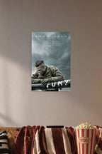Fury Movie Poster in a cozy movie room above a brown sofa with popcorn.