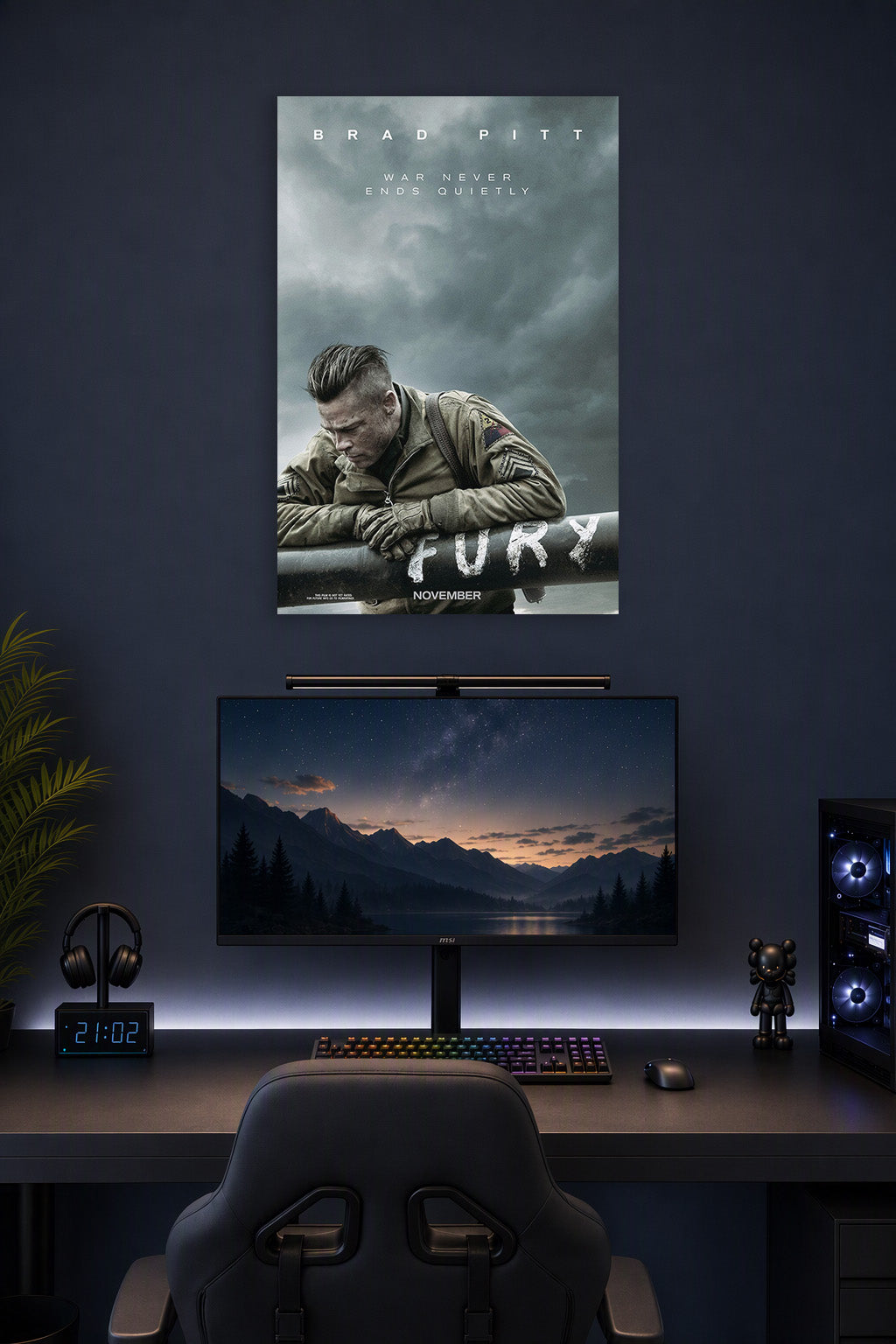 Fury Movie Poster in a gaming desk setup above a monitor.