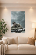 Fury Movie Poster in a bright living room above a beige sofa.