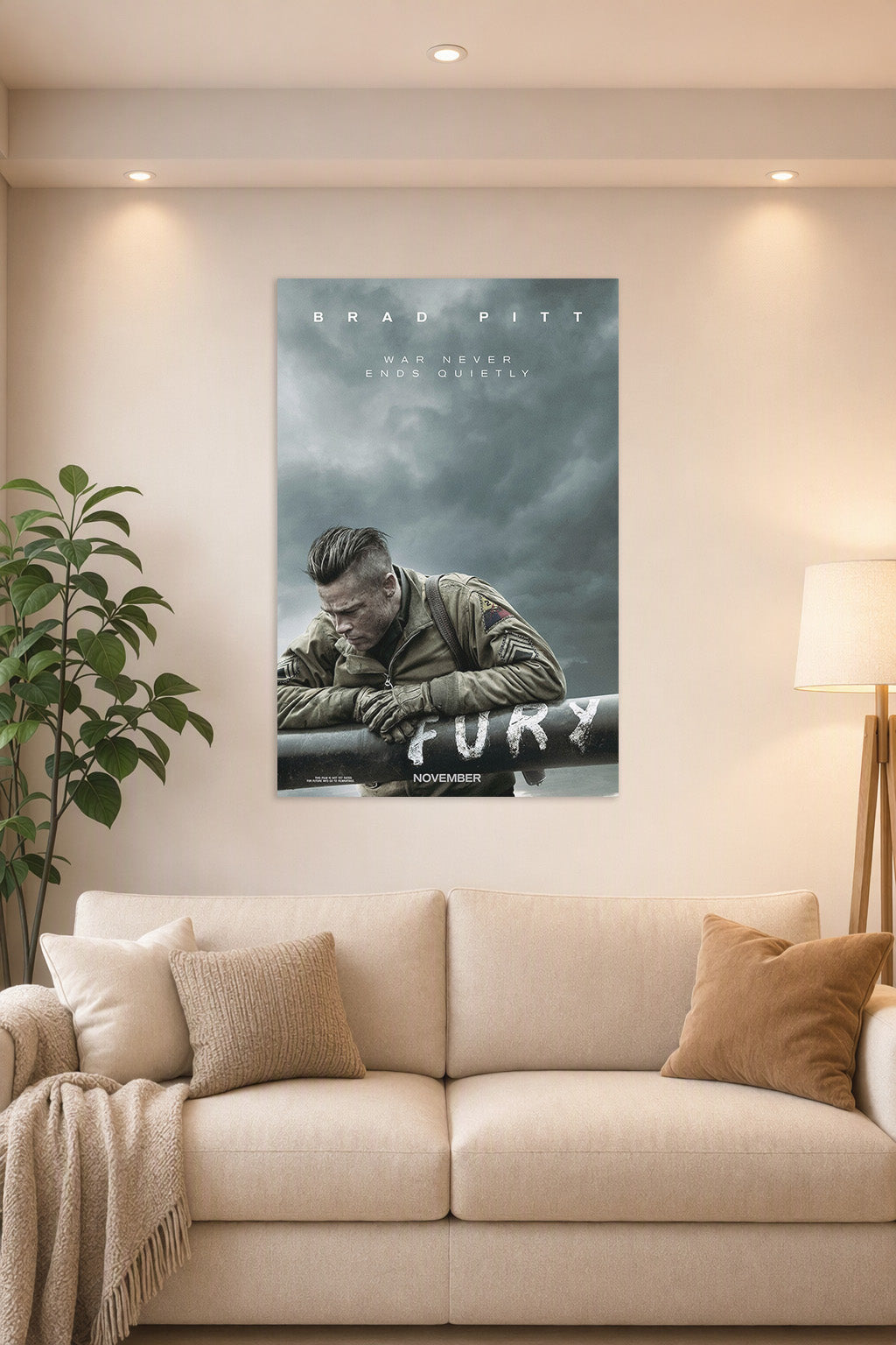 Fury Movie Poster in a bright living room above a beige sofa.