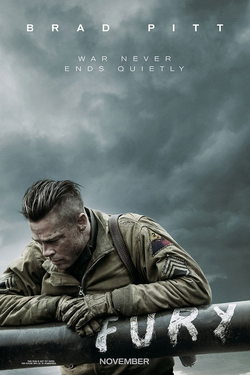 Fury movie poster wall art print depicts Brad Pitt as a weary soldier leaning on a tank barrel beneath stormy gray clouds.