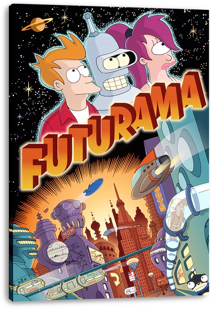 Futurama canvas wall art displays Fry, Bender, and Leela with bold title lettering over a colorful futuristic city and flying craft.