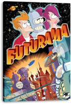 Futurama canvas wall art displays Fry, Bender, and Leela with bold title lettering over a colorful futuristic city and flying craft.