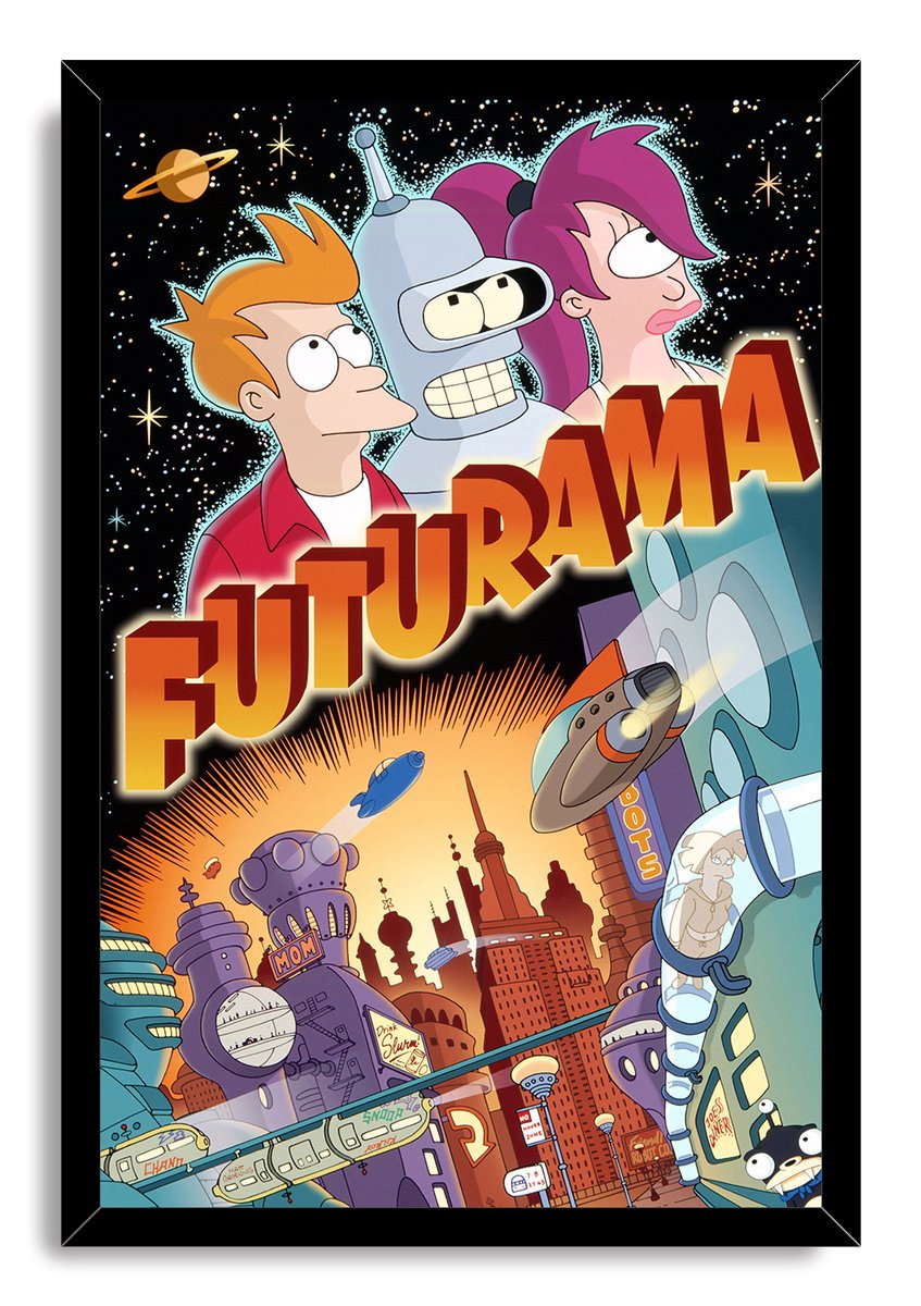 Framed Futurama wall art print portrays Fry, Bender, and Leela over New New York's orange skyline, trains, rockets, and stars.