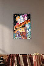 Futurama Characters and New New York City in a cozy movie room above a brown sofa with popcorn.