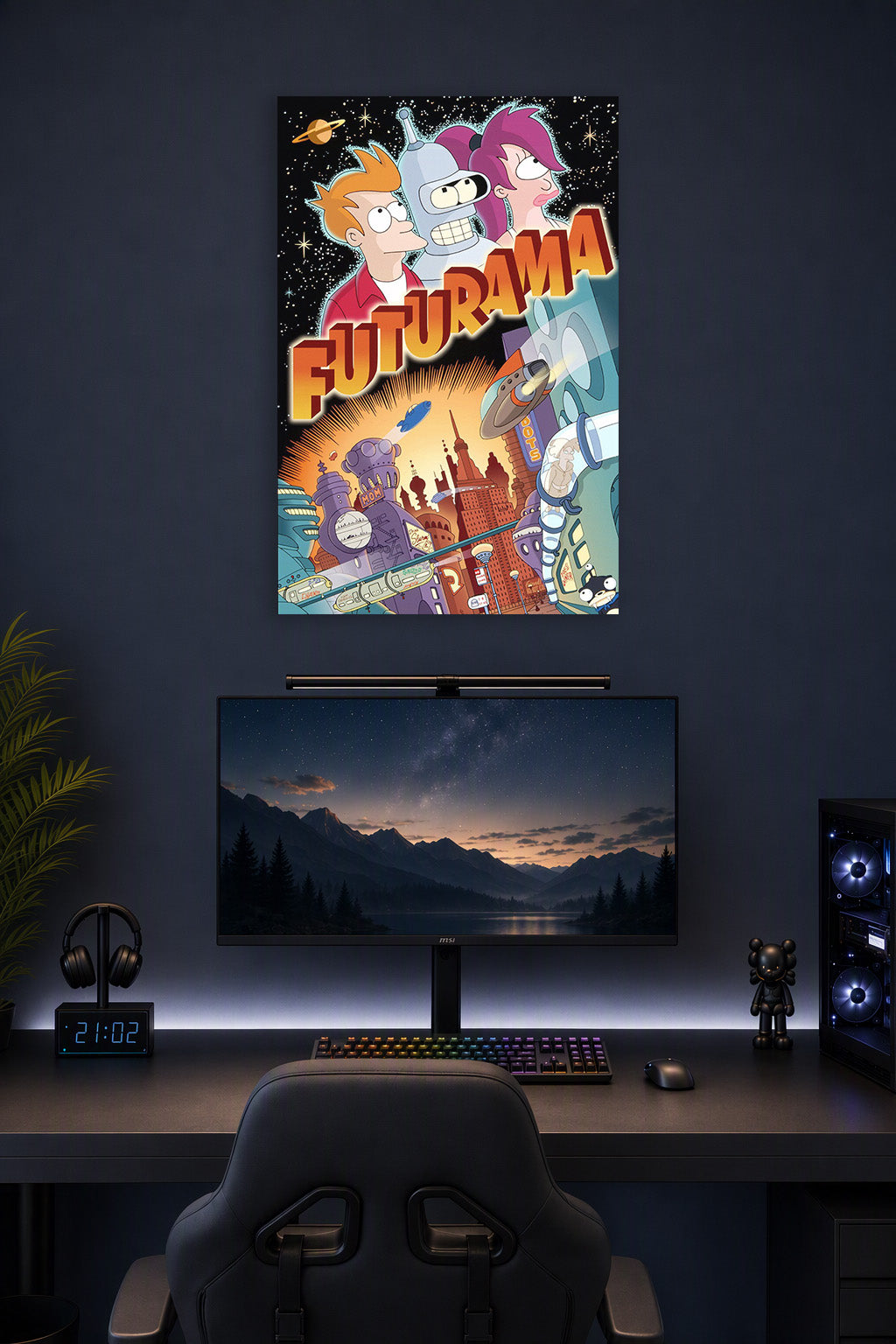 Futurama Characters and New New York City in a gaming desk setup above a monitor.