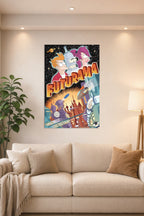 Futurama Characters and New New York City in a bright living room above a beige sofa.