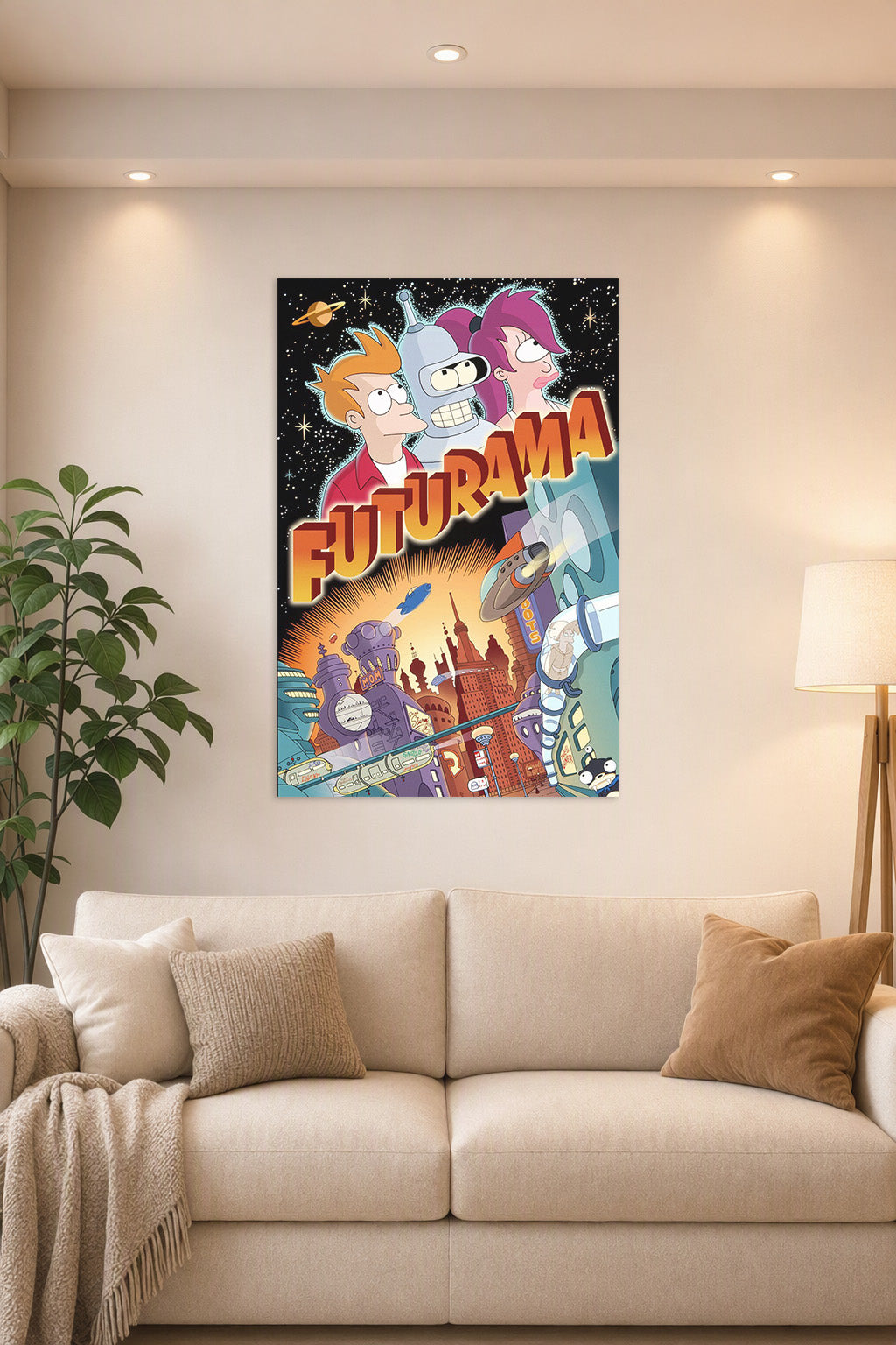 Futurama Characters and New New York City in a bright living room above a beige sofa.