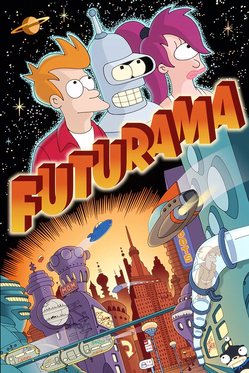 Futurama poster features Fry, Bender, and Leela above the glowing New New York skyline, spaceships, and starry black sky.
