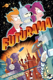 Futurama poster features Fry, Bender, and Leela above the glowing New New York skyline, spaceships, and starry black sky.