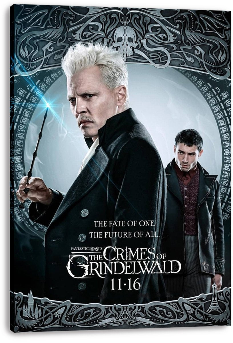 Gellert Grindelwald canvas wall art print featuring two men, a blue wand flare, gothic border details, and film title text.