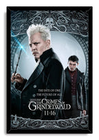 Gellert Grindelwald framed wall art print with a black frame, wand-bearing white-haired man, Credence, and silver ornamental border.