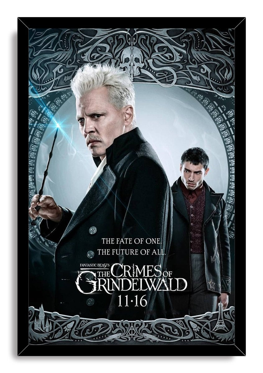 Gellert Grindelwald framed wall art print with a black frame, wand-bearing white-haired man, Credence, and silver ornamental border.