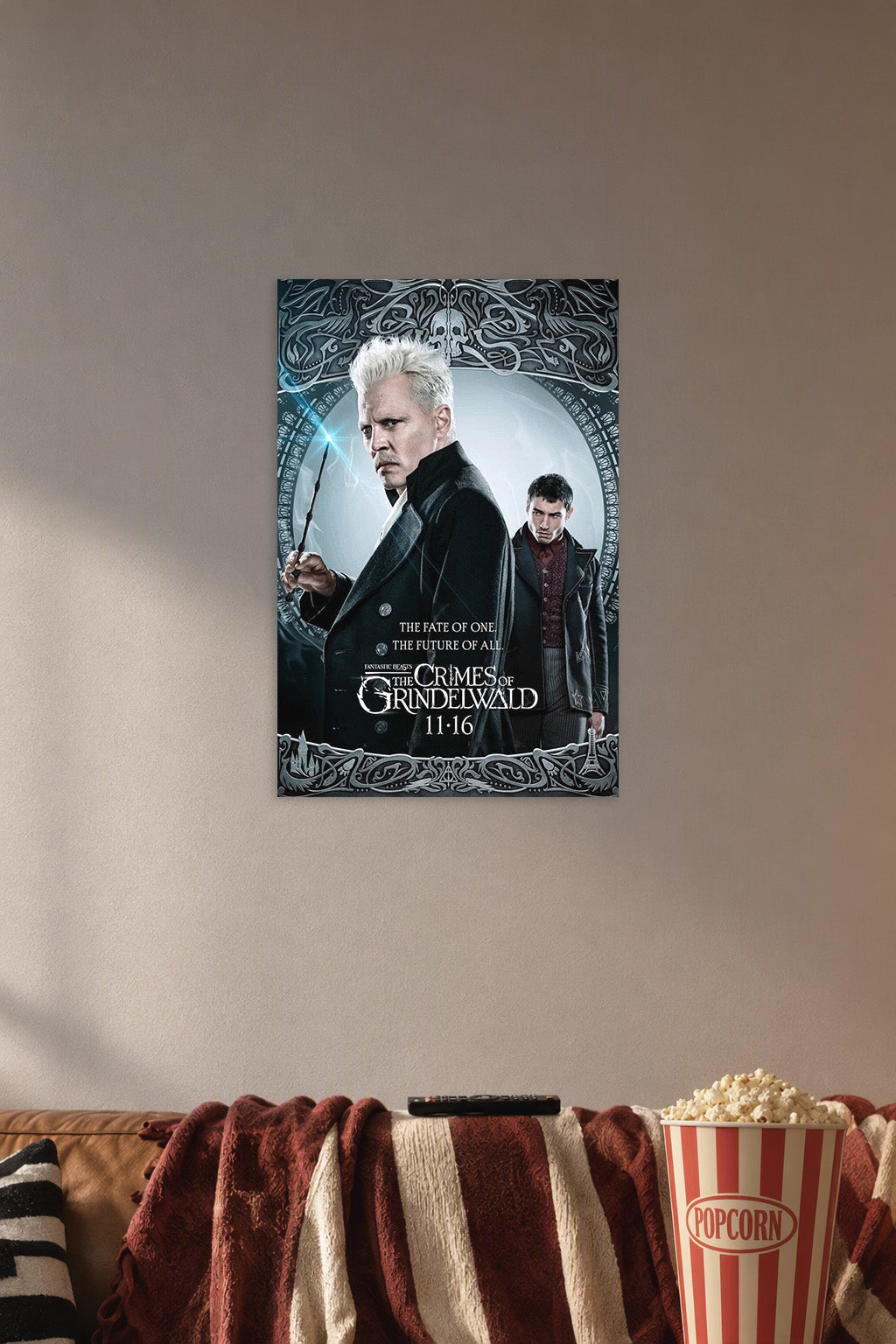 Gellert Grindelwald in a cozy movie room above a brown sofa with popcorn.