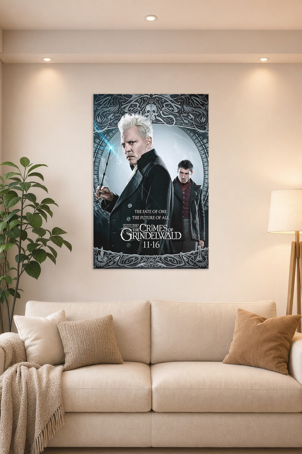 Gellert Grindelwald in a bright living room above a beige sofa.