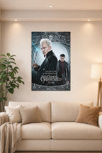 Gellert Grindelwald in a bright living room above a beige sofa.
