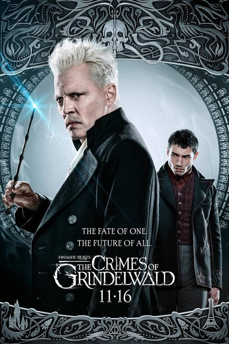 Gellert Grindelwald poster with a white-haired man holding a glowing wand beside Credence, framed by dark ornate motifs.