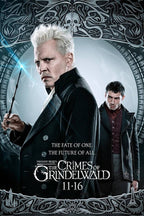 Gellert Grindelwald poster with a white-haired man holding a glowing wand beside Credence, framed by dark ornate motifs.