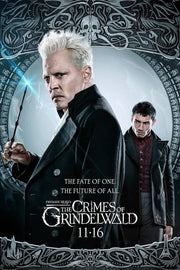 Gellert Grindelwald poster with a white-haired man holding a glowing wand beside Credence, framed by dark ornate motifs.
