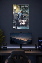 Gene Kelly Singin' in the Rain in a gaming desk setup above a monitor.