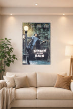 Gene Kelly Singin' in the Rain in a bright living room above a beige sofa.