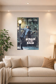 Gene Kelly Singin' in the Rain in a bright living room above a beige sofa.
