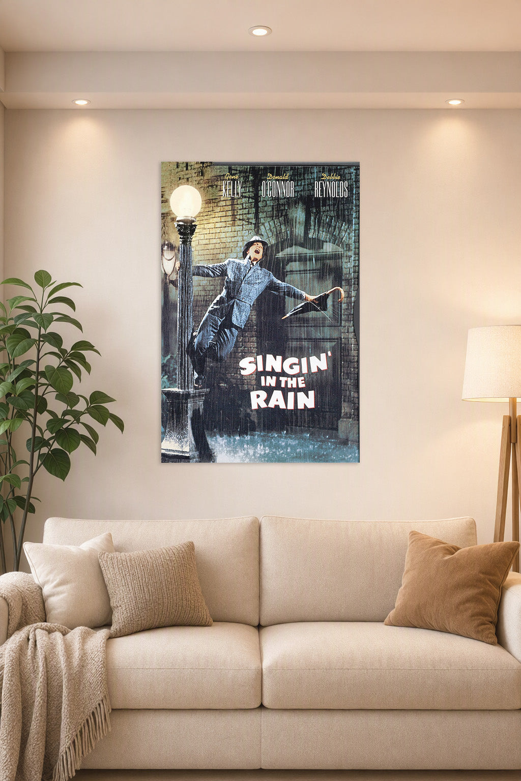 Gene Kelly Singin' in the Rain in a bright living room above a beige sofa.