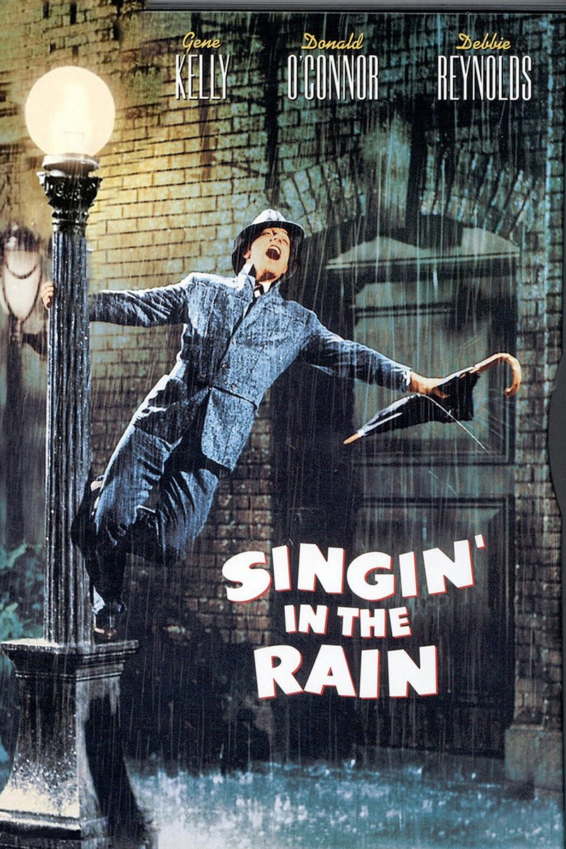 Singin' in the Rain poster with Gene Kelly dancing in a soaked gray suit beside a glowing streetlamp, holding an umbrella.