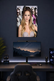Genesis Rodriguez in a gaming desk setup above a monitor.