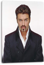 George Michael canvas wall art print displays his direct portrait, dark tailored coat, and white open-collar shirt on a white background.