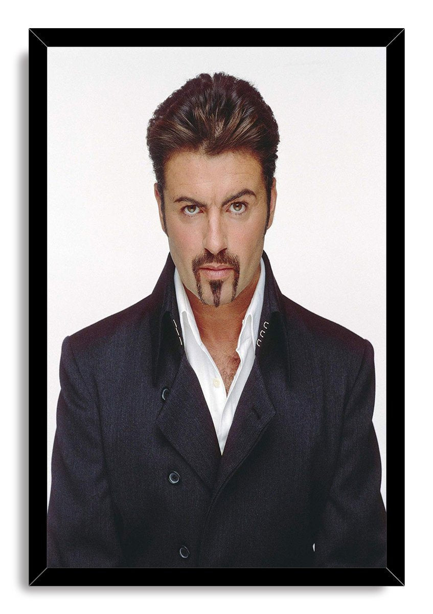 George Michael framed wall art print presents a centered portrait in a black frame, with dark jacket and white shirt.
