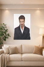 George Michael in a bright living room above a beige sofa.