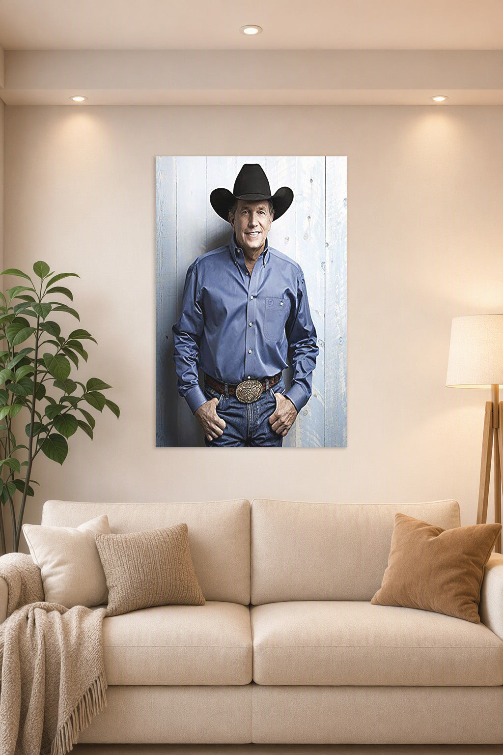 George Strait in a bright living room above a beige sofa.