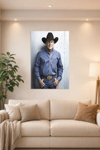 George Strait in a bright living room above a beige sofa.