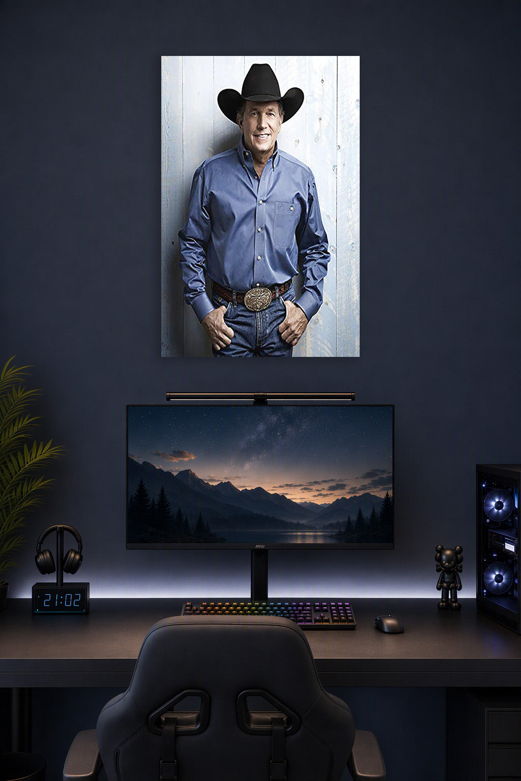 George Strait in a gaming desk setup above a monitor.