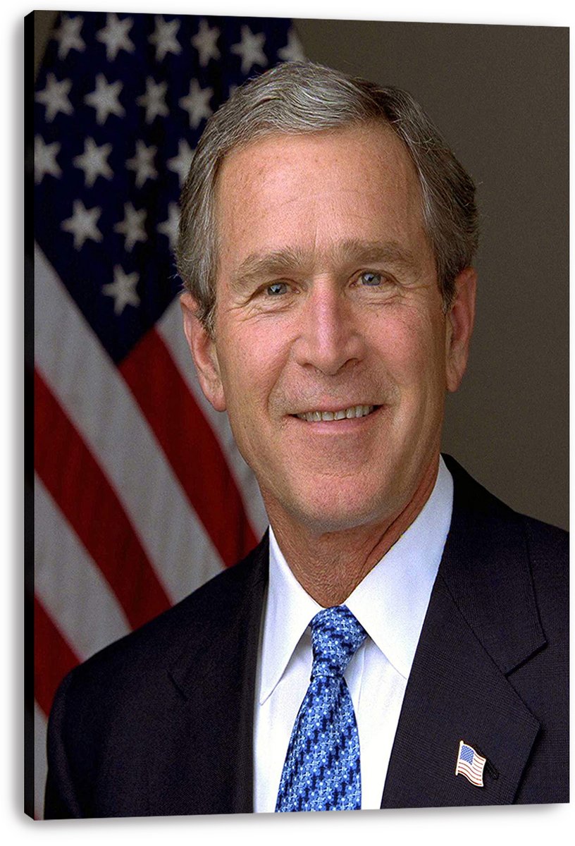 George W. Bush canvas wall art print featuring a formal smiling portrait, U.S. flag backdrop, dark suit, and blue patterned tie.