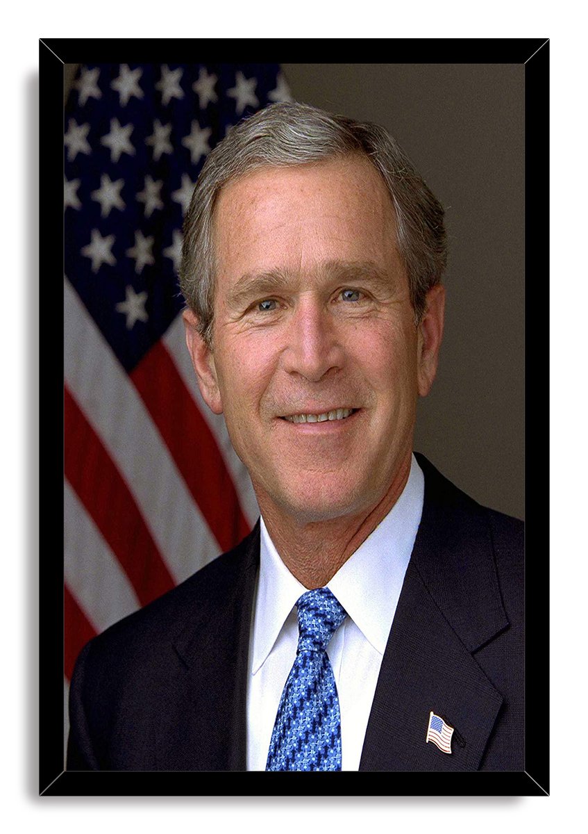 George W. Bush framed wall art print with a black border, formal portrait, American flag background, and blue tie.