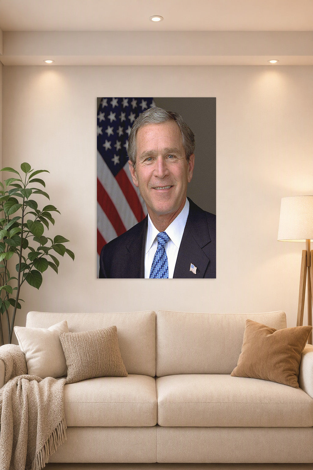 George W. Bush in a bright living room above a beige sofa.
