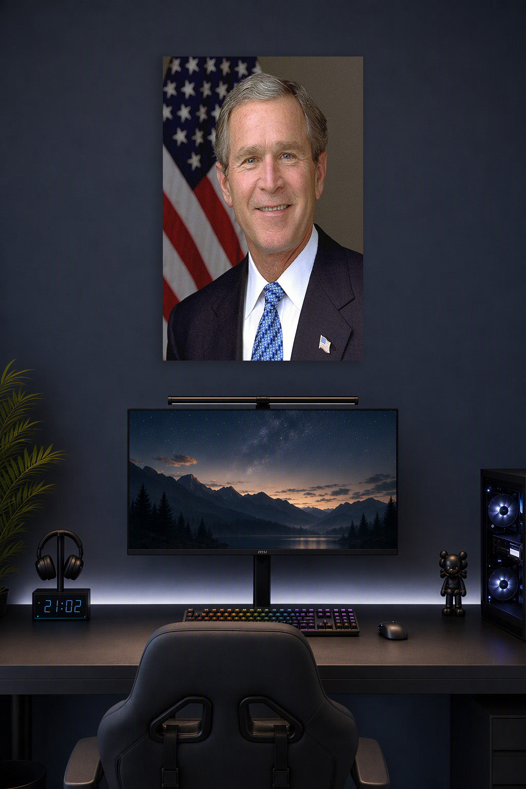 George W. Bush in a gaming desk setup above a monitor.