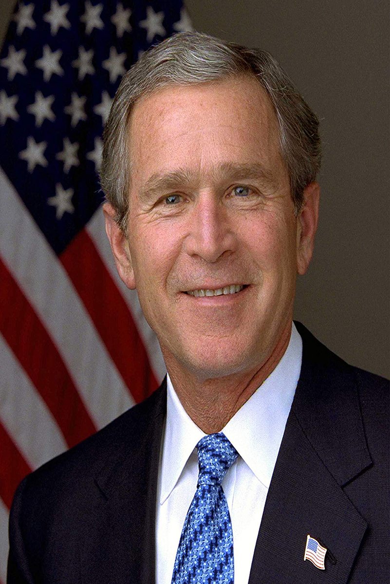 George W. Bush poster portrait with a smiling man in a dark suit and blue tie before a United States flag.