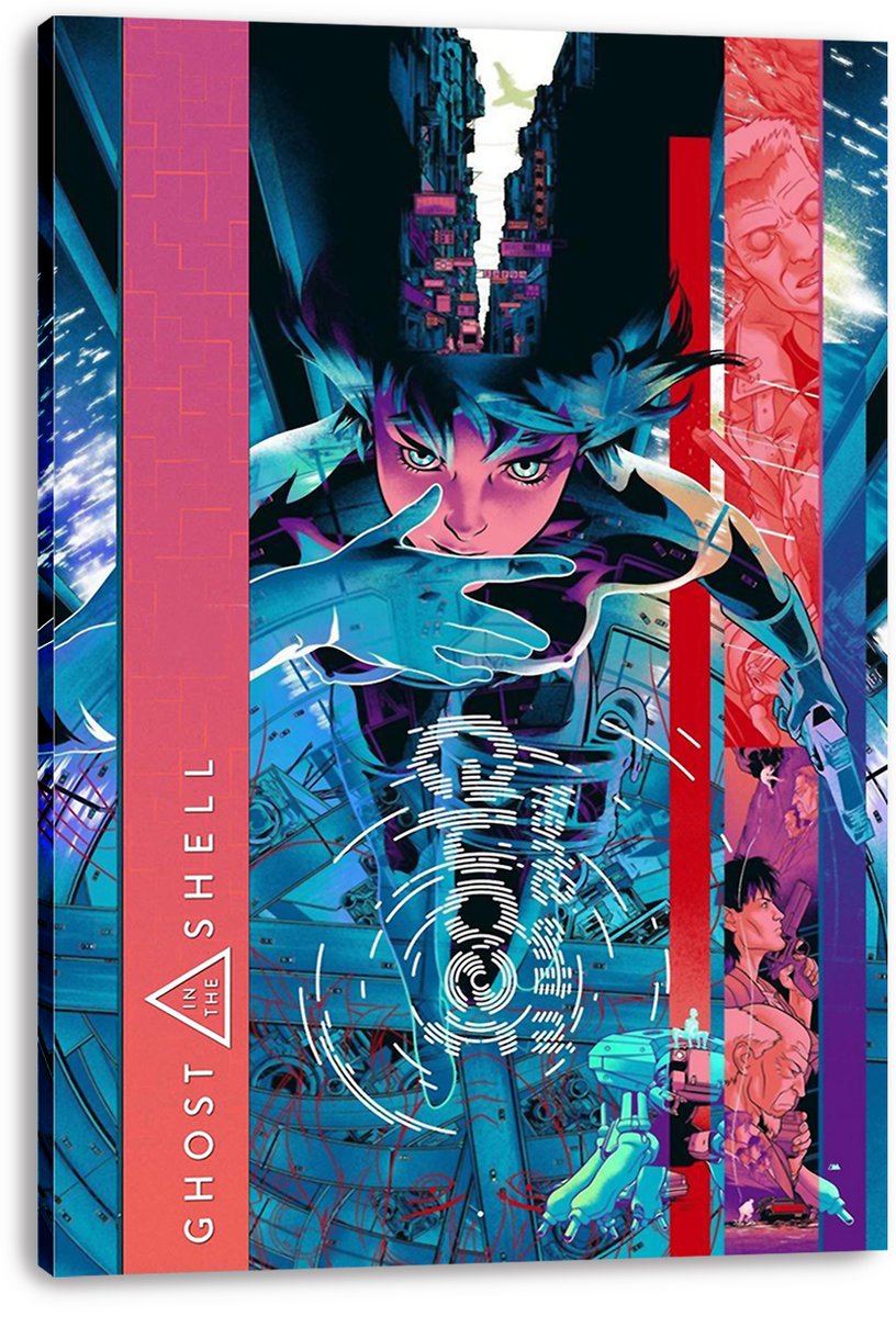 Ghost in the Shell canvas wall art print depicts Major Motoko Kusanagi amid teal machinery, a fingerprint graphic, red panels, and city towers.