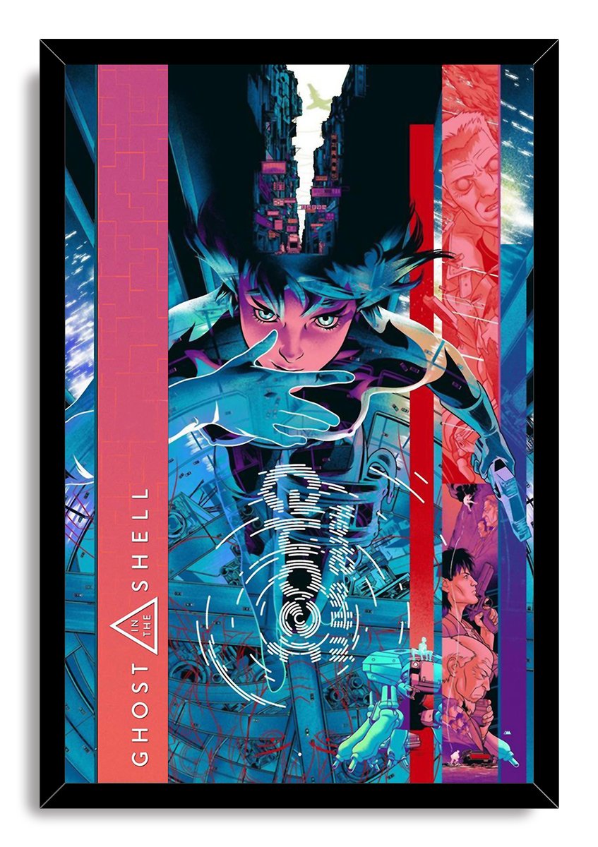 Ghost in the Shell framed wall art print portrays Major Motoko Kusanagi reaching outward, surrounded by futuristic city scenes in teal, magenta, and red.