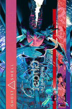 Ghost in the Shell wall art print features Major Motoko Kusanagi reaching forward over a glowing fingerprint motif and neon city panels.