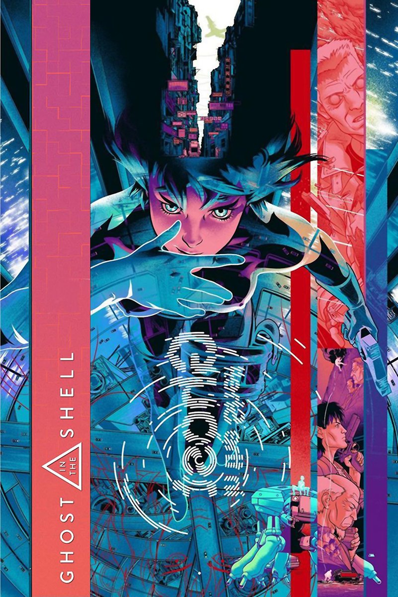 Ghost in the Shell wall art print features Major Motoko Kusanagi reaching forward over a glowing fingerprint motif and neon city panels.