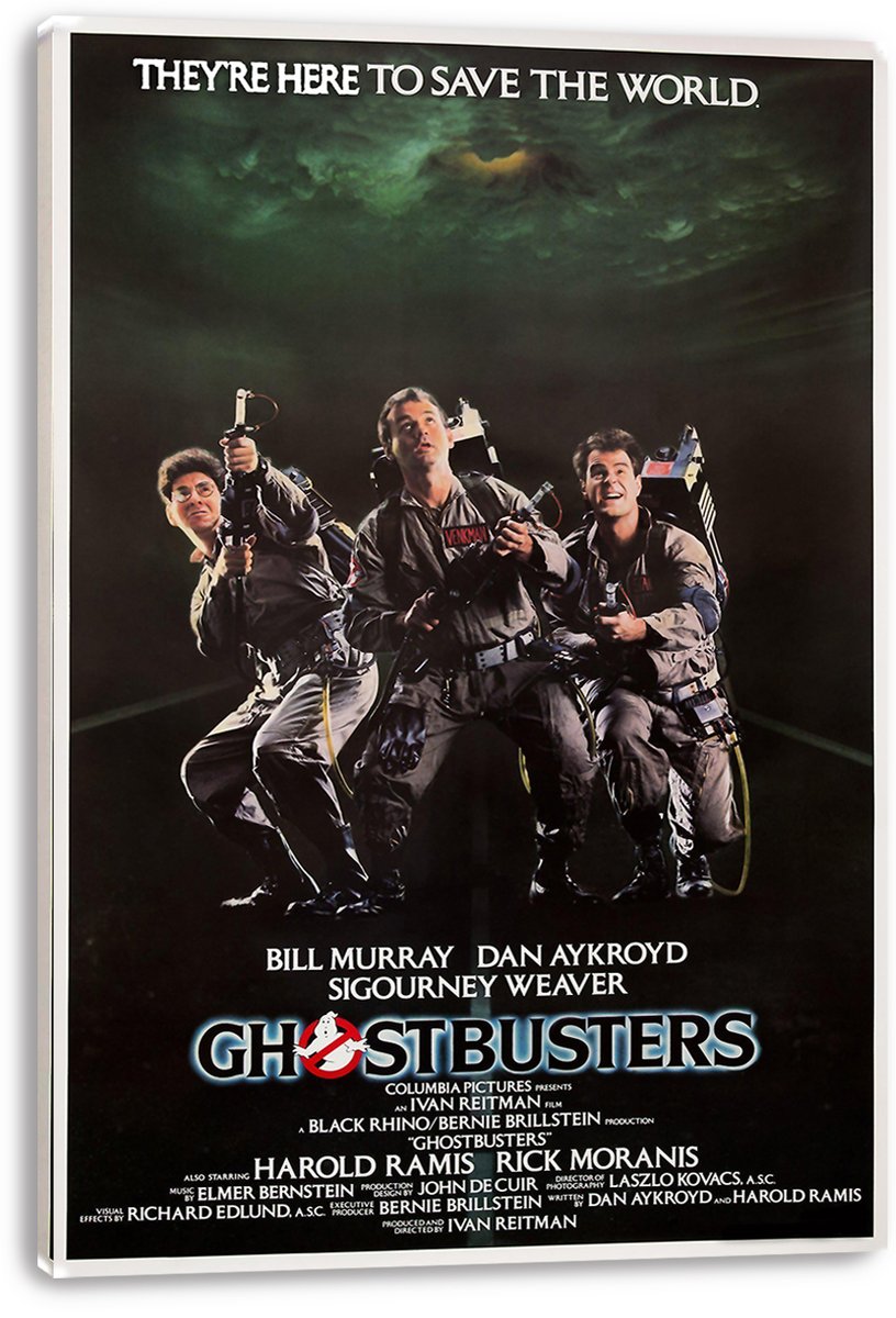 Ghostbusters canvas wall art print with white wrapped edges, three ghost hunters in gray jumpsuits, and bold title text.