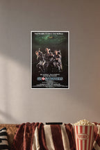 Ghostbusters in a cozy movie room above a brown sofa with popcorn.