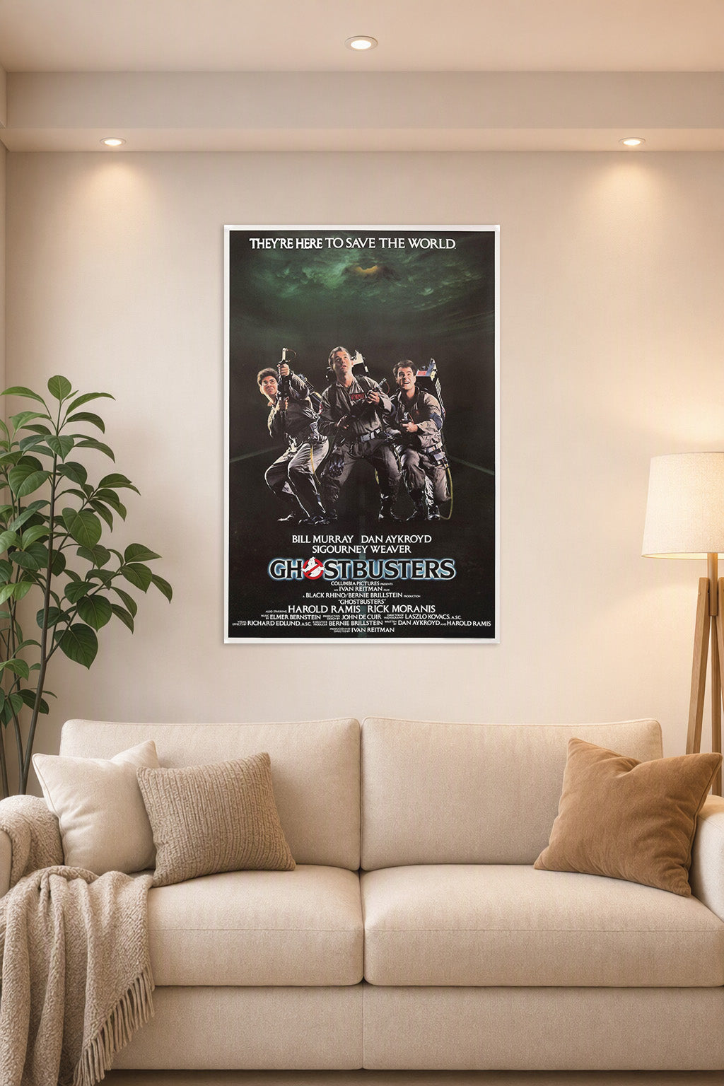 Ghostbusters in a bright living room above a beige sofa.